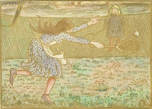 Lucien Pissarro（1863-1944）によって刻まれた &39;1893年から1944年にロンドンで彫刻された&39; Woodcuts in Line and Colours &39;からテニスをしている女の子 作： Camille Jacob Pissarro